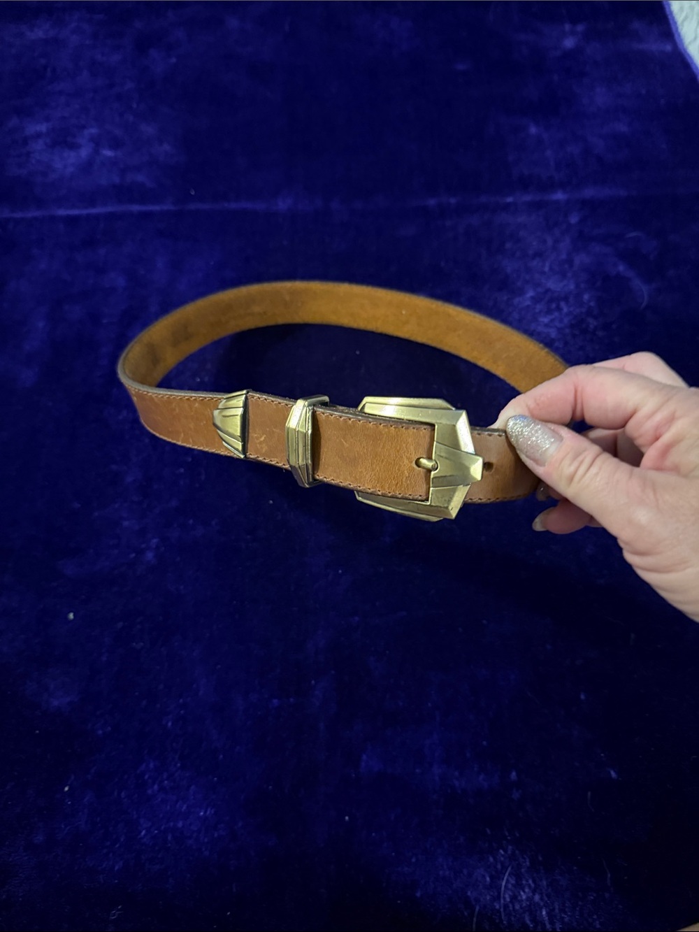 Woman’s 31” Tan Leather Belt with Brass Buckles like new